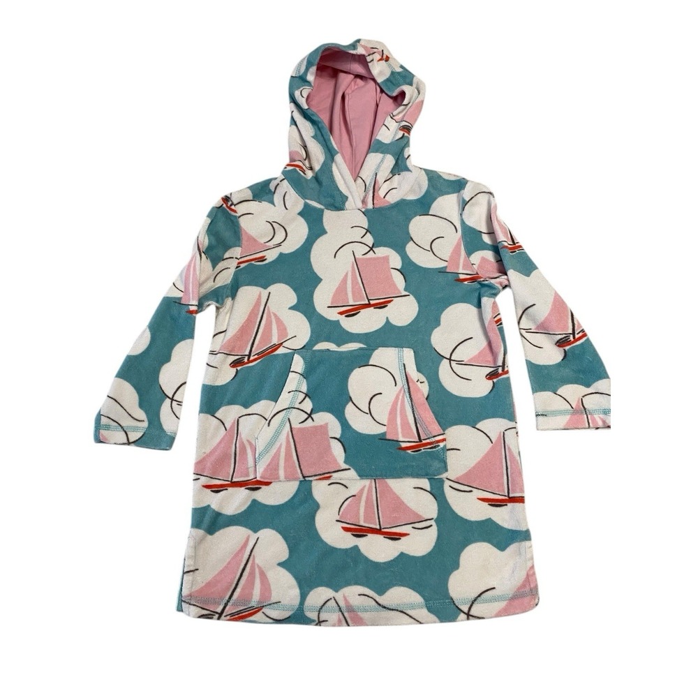 Mini Boden Teal & Pink Sailboat Hooded Kids Swim Coverup Dress